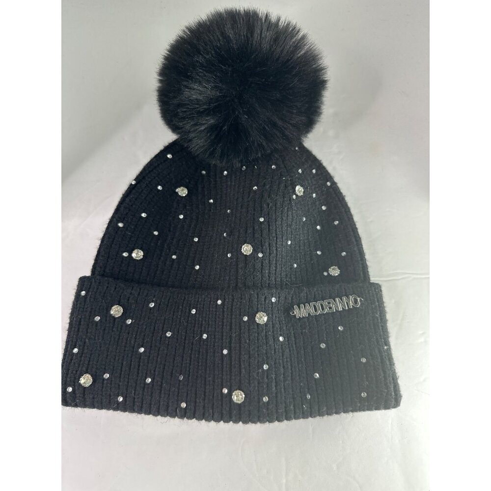 Madden Nyc Women’s Beanie Ribbed Fleece Winter Hat Pom Pom Faux Fur Black Y2k